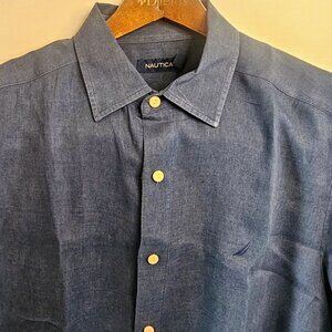 Nautica Navy Blue Linen Button Front Casual‎ Shirt Men SZ M